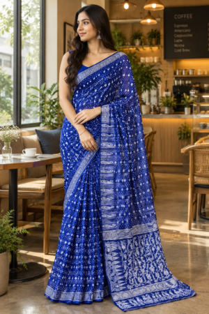 The The Blue Bloom – Handcrafted Bengal Cotton Saree in Electric Blue(Jamdani)