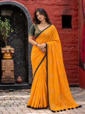 The Saffron Glow: A nod to the radiant sunset hues -Cotton Saree(mulmul)