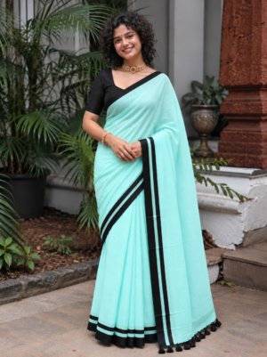Ethereal Aquamarine: For a more premium, high-fashion feel-Cotton Saree(mulmul)