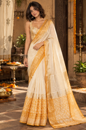 Aura of Varanasi - Royal Off-White Zari Silk saree