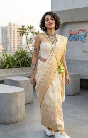 Aura of Varanasi - Royal Off-White Zari Silk saree