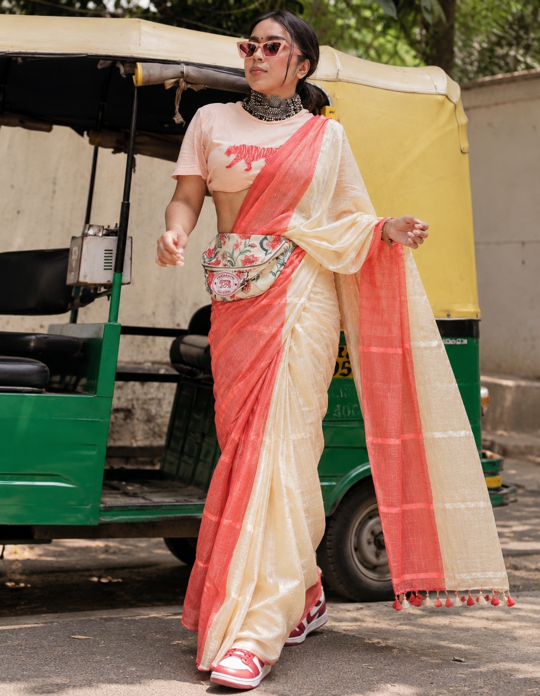 Street style pink organza saree with sneakers