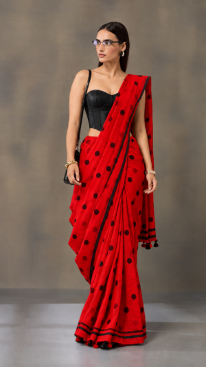The Scarlet Dot – Polka Dot Printed Cotton Saree