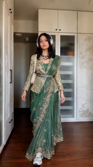 The Emerald Shimmer –  Zari Tissue Saree