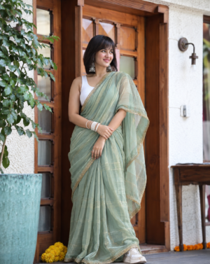 The Sage Shimmer –  Zari Tissue Saree
