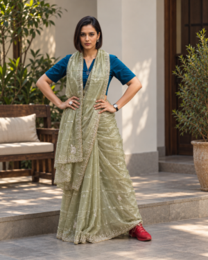 The Olive Luster –  Zari Tissue Saree