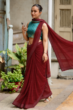 The Crimson Sparkle – Luxe Fancy Sequin Border Saree