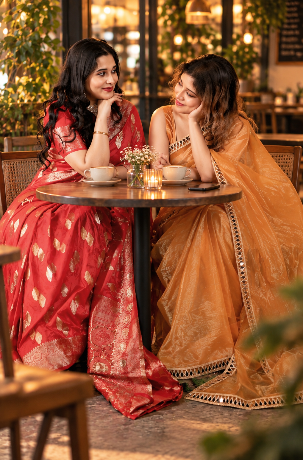 Model wearing a magenta and gold silk Saree Genz saree