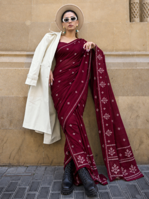The Crimson Heritage – Handwoven Cotton Zari Saree