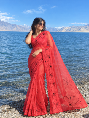The Ruby Floral – Luxe Fancy Embroidered Border Saree