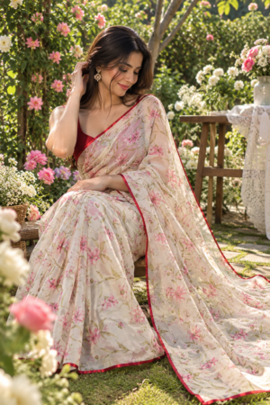 The Floral Bloom – Fancy Printed Saree with Contrast Piping
