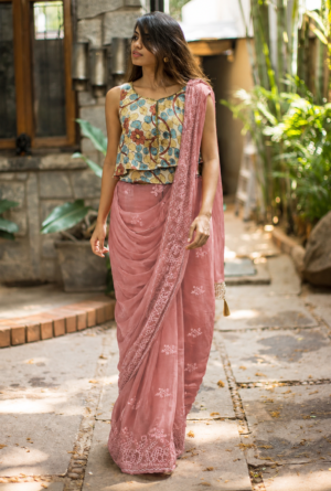The Blush Blossom – Embroidered Zari Tissue Saree