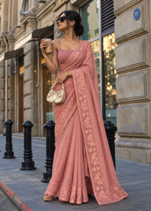The Coral Luster – Zari Tissue Saree