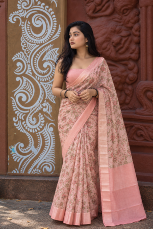 The Peach Blossom – Fancy Printed Saree with Solid Pleats