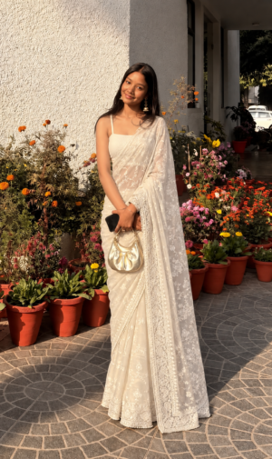 The Ivory Blossom – Embroidered Fancy Saree