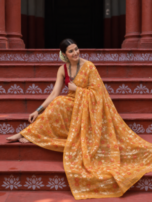 The Golden Amber Floral –  Zari Tissue Saree