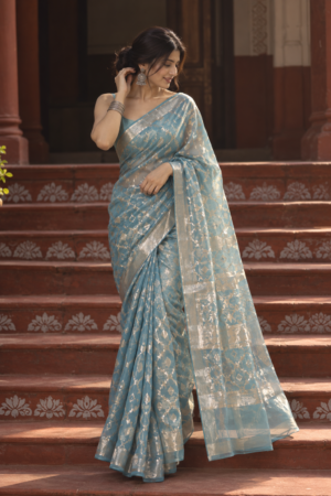 The Emerald Lattice –  Zari Tissue Saree