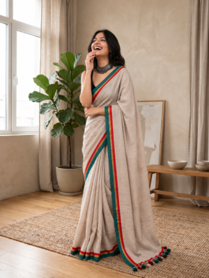 The Pristine Horizon – Handwoven Cotton Saree with Striped Border