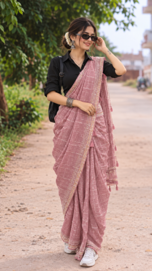 The Blush Shimmer – Zari Tissue Saree with Embellished Cutwork Border