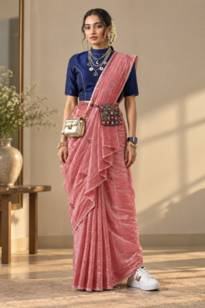 The Coral Shimmer – Zari Tissue Saree with Vertical Embroidered Lines