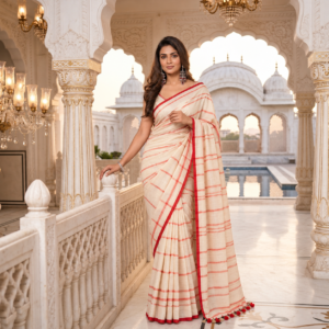 The Ivory Horizon – Striped Handwoven Cotton Saree