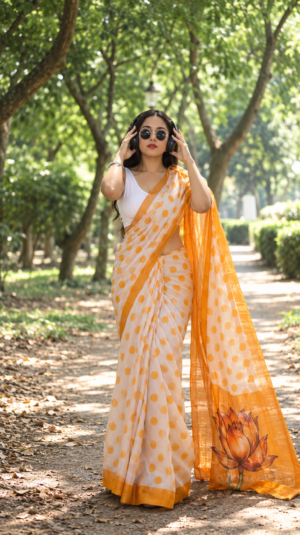 The Golden Polka – Retro Fancy Printed Saree