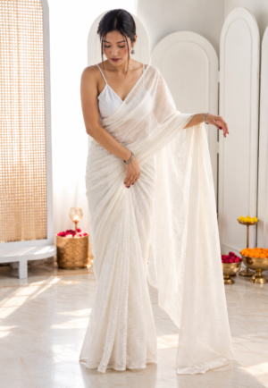 The Stellar Shimmer – White Cotton Saree with Zari Chumki Work