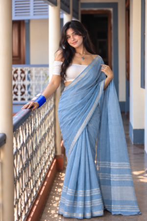 The Azure Horizon – Handloom Cotton Silk Saree