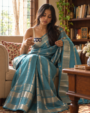 The Cyan Lattice Shimmer –  Zari Tissue Saree