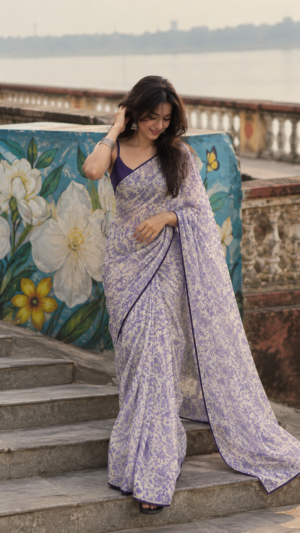 The Lavender Cascade – Dual-Tone Fancy Printed Saree